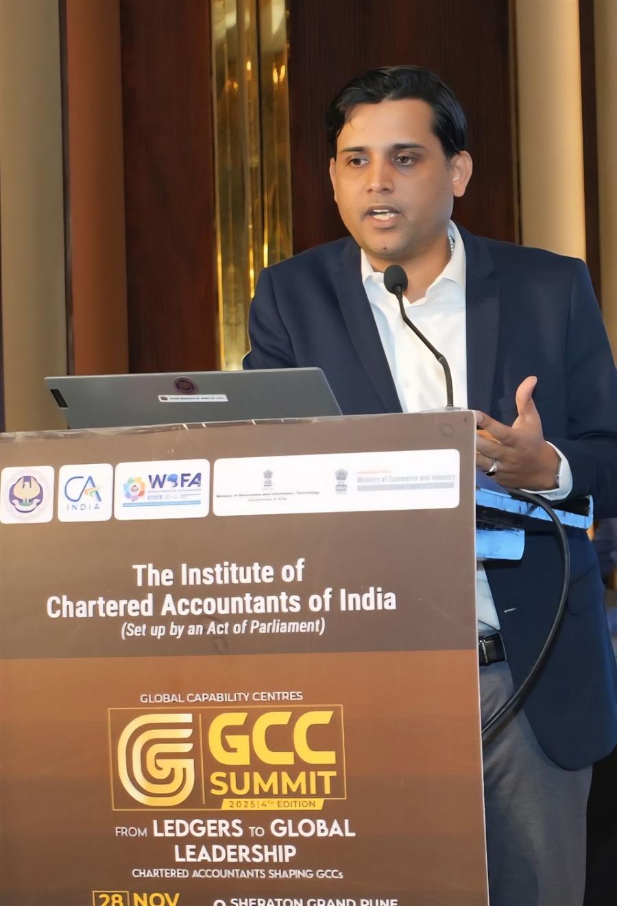 Shammi Prabhakar delivering an address at the ICAI GCC Summit, From Ledgers to Global Leadership