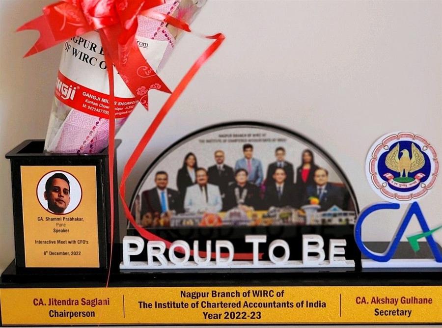 Memento from the Nagpur Branch of WIRC of ICAI honouring Shammi Prabhakar