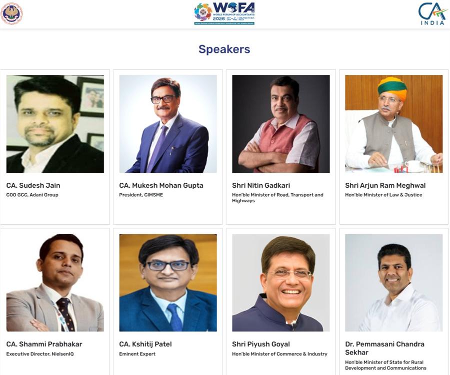 WOFA 2026 speaker line-up including CA Shammi Prabhakar, Shri Nitin Gadkari, Shri Piyush Goyal, Shri Arjun Ram Meghwal and Dr. Pemmasani Chandra Sekhar