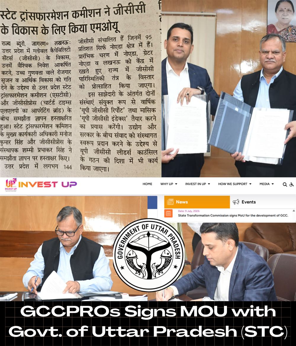 Shammi Prabhakar and Shri Manoj Kumar Singh, IAS, exchanging the signed MoU in Lucknow, with press coverage