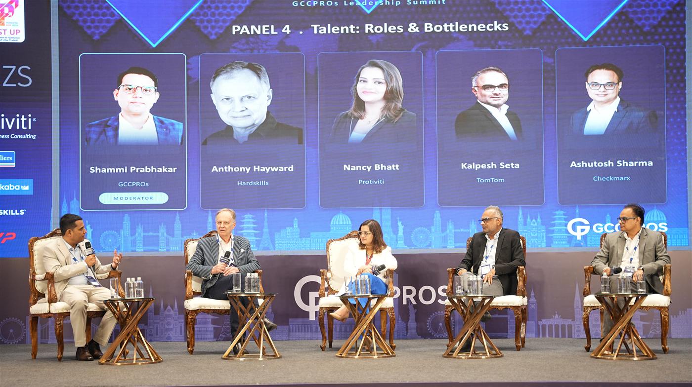 Shammi Prabhakar moderating the talent panel at the GCCPROs Leadership Summit, Pune